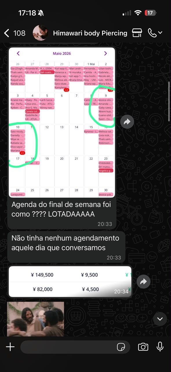 Agenda lotada de aluna com atendimentos internacionais